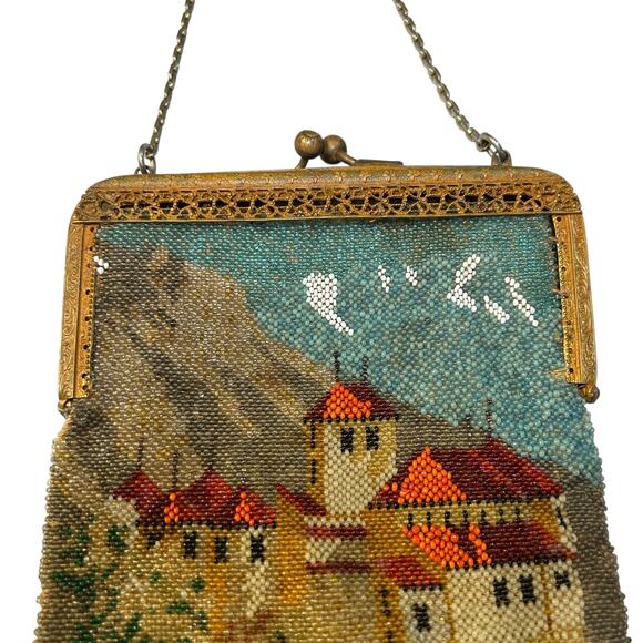 1920s Antique Beaded Scenic Purse Castle Design Enamel Frame VTG - Picture 5 of 10